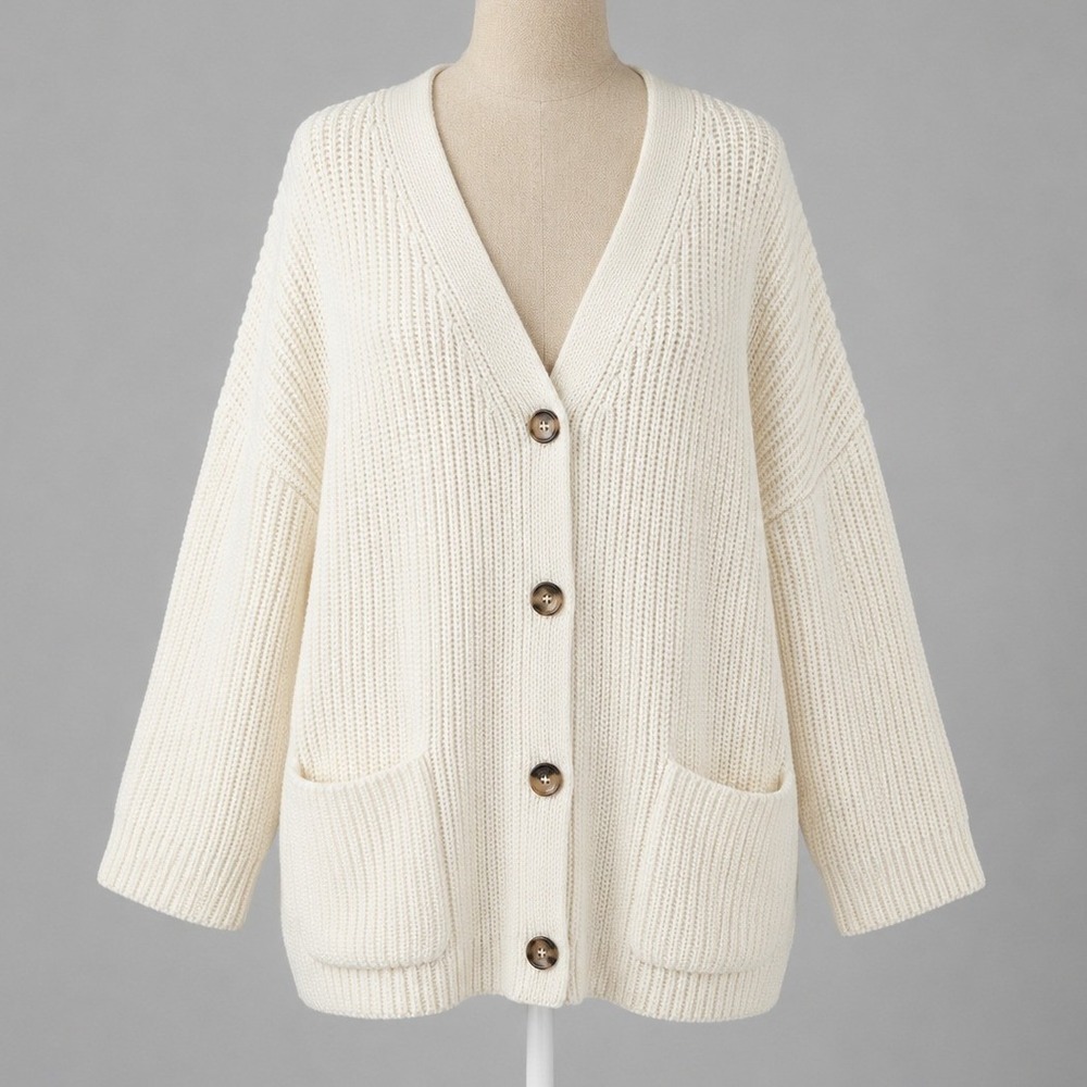 Anthorpologie Ribbed V Neck Button Cardigan Size M White Fisherman Coastal Boho
